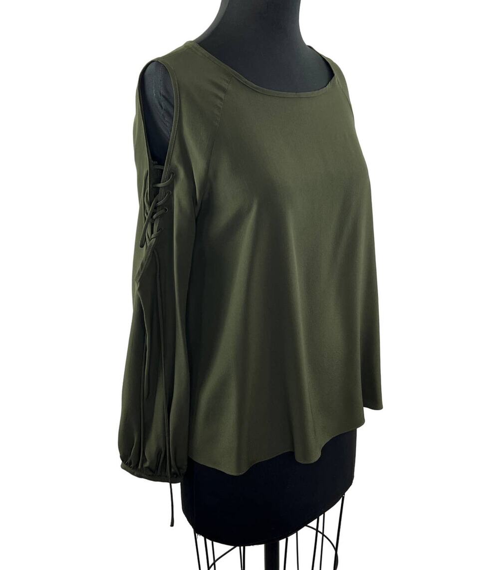 AMANDA UPRICHARD Green Silk Cold Shoulder Lace Up Sleeve Blouse Top Size S